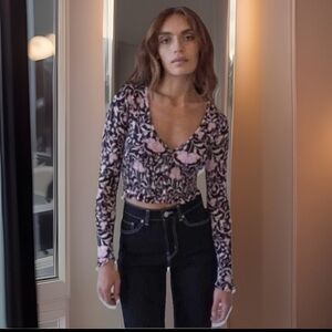Sexy Urban Outfitters Bayside Floral Smocked Long Sleeve Button Down Crop Top